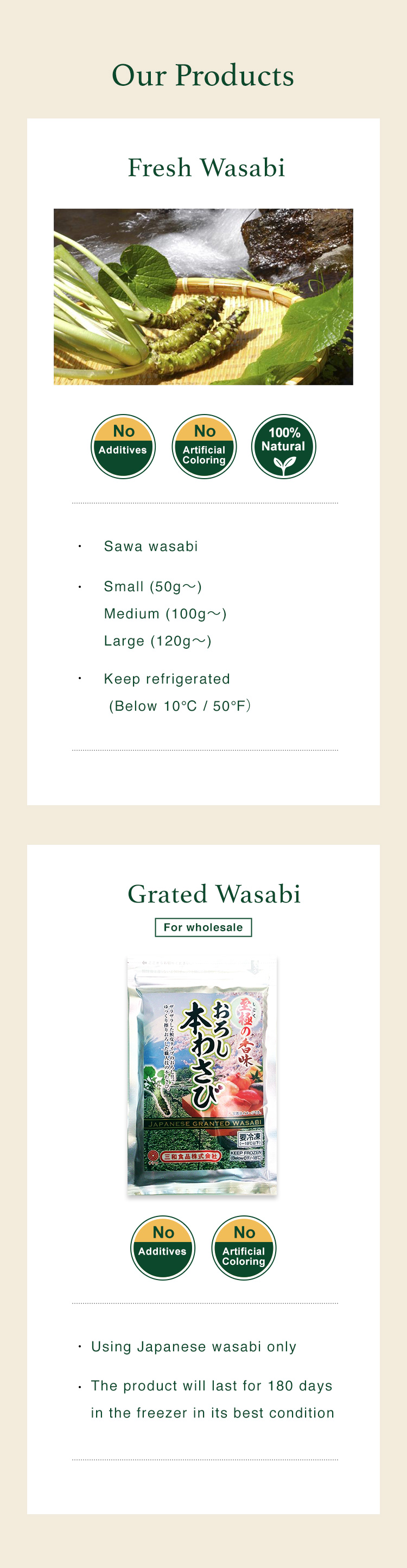 Our Products | Fresh Wasabi | No Additives - No Artificial Coloring | 100% Natural | Sawa wasabi | Small (50g〜) / Medium (100g〜) / Large (120g〜) | Keep refrigerated (Below 10℃ / 50℉） | Grated Wasabi - For Wholesale | No Additives - No Artificial Coloring | Using Japanese wasabi only | The product will last for 180 days in the freezer in its best condition | Product No. AH20 200g (Pack of 5 x 6 boxes)